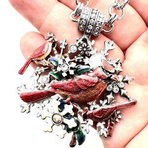 Kirks Folly Womens Necklace Crystal Magnetic Red Bird Cardinal Snowflake Silver